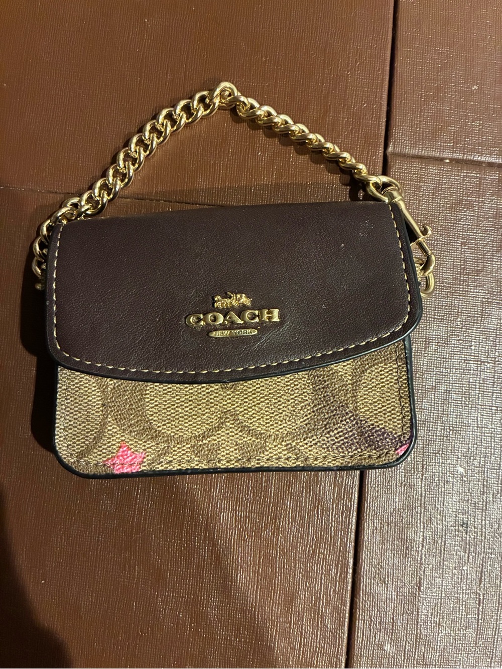 Coach Brown and Pink Signature Canvas Mini Bag with Gold Chain